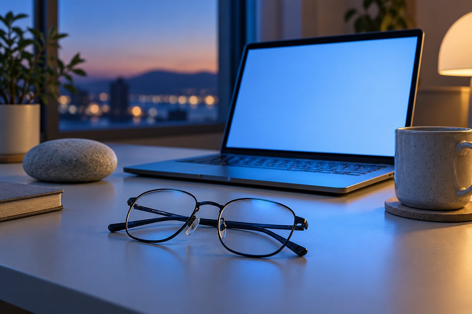 Thin black eyeglasses on a desk in front of a laptop glowing blue at dusk