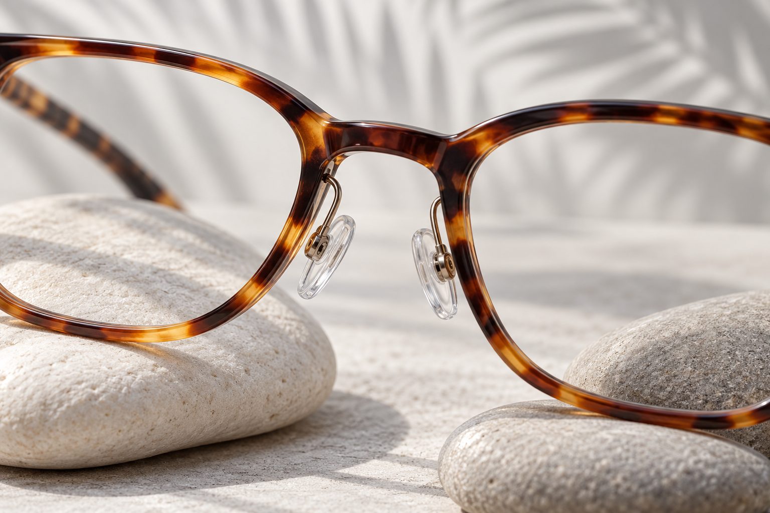 Close-up of tortoiseshell eyeglasses with clear adjustable nose pads, resting on smooth stones