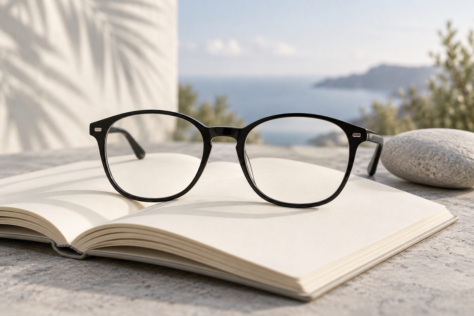 Black eyeglasses resting on an open book beside a pale stone, sea view behind